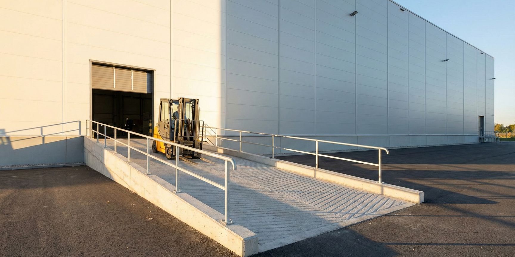 The adaptation ramp is the crucial link in intralogistics to make the difference in height between the yard level and the hall level for industrial trucks efficiently and safely overcome